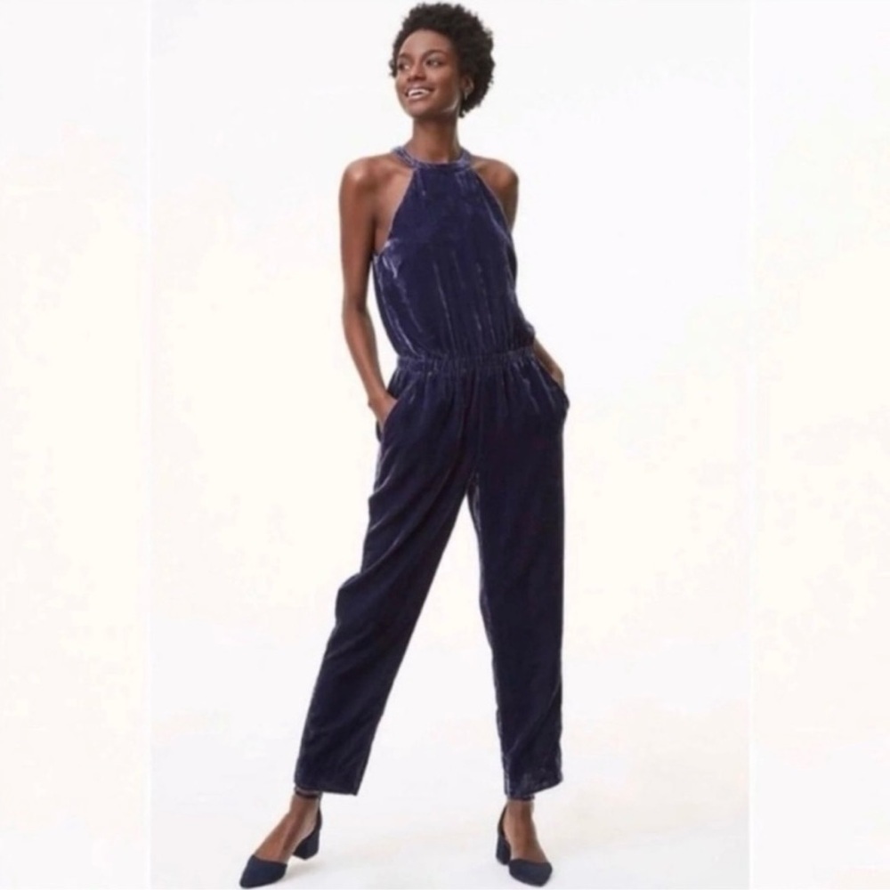 LOFT Midnight Blue Crushed Velvet Halter Jumpsuit Wide Leg Tie Back Luxe L